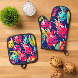 Farbenfrohe Drachenfrucht Ofenhandschuh & Topflappen-Set