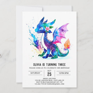 Farbenfrohe Dragon Digital Girl Geburtstag Einladung