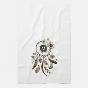 Farbenfrohe Dreamcatcher-Blume und Federn Geschirrtuch