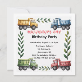 Farbenfrohe Dump Trucks 4. Geburtstagsfeier Einladung