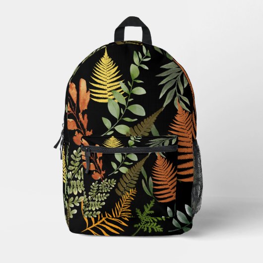 Farbenfrohe dunkle Fern Botanische Blätter Bedruckter Rucksack (Vorderseite)