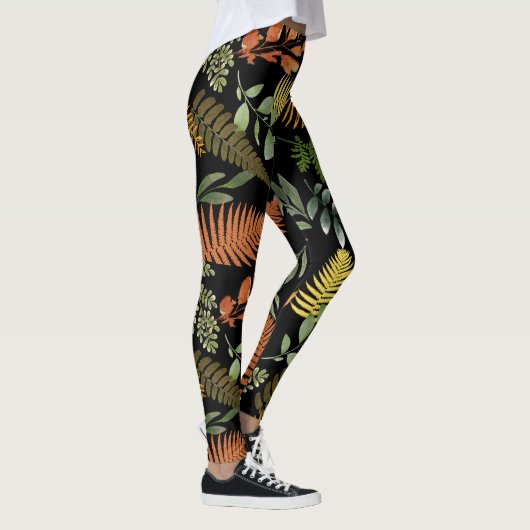 Farbenfrohe dunkle Fern Botanische Blätter Blumend Leggings (Rechts)