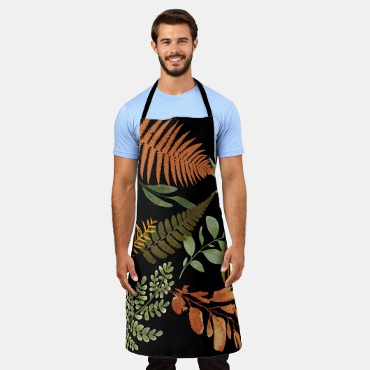 Farbenfrohe dunkle Fern Botanische Blätter Blumend Schürze (Getragen)