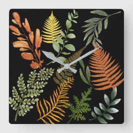 Farbenfrohe dunkle Fern Botanische Blätter Quadratische Wanduhr