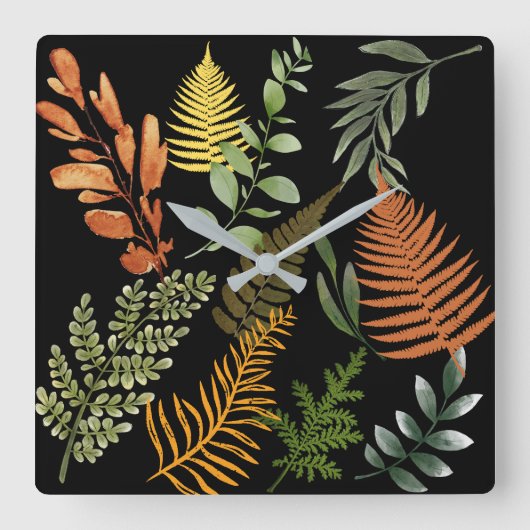 Farbenfrohe dunkle Fern Botanische Blätter Quadratische Wanduhr (Vorderseite)
