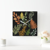 Farbenfrohe dunkle Fern Botanische Blätter Quadratische Wanduhr (Zuhause)