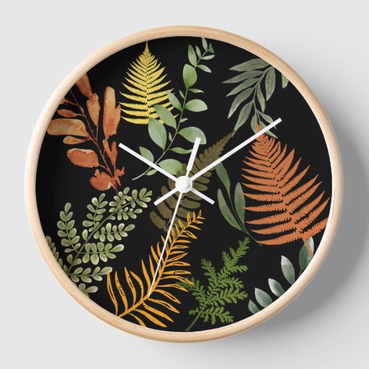 Farbenfrohe dunkle Fern Botanische Blätter Uhr (Vorderseite)