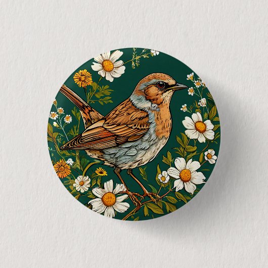 Farbenfrohe Dunnock Bird Amid blühende Blume Button (Vorderseite)