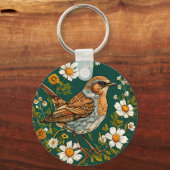 Farbenfrohe Dunnock Bird Amid blühende Blume Schlüsselanhänger (Rückseite)