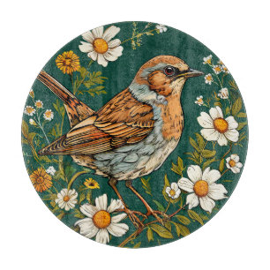 Farbenfrohe Dunnock Bird Amid blühende Blume Schneidebrett
