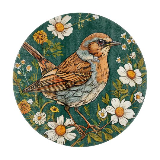 Farbenfrohe Dunnock Bird Amid blühende Blume Schneidebrett (Vorderseite)