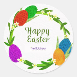 Farbenfrohe Eier mit Circle-Blätter, Frohe Ostern Runder Aufkleber