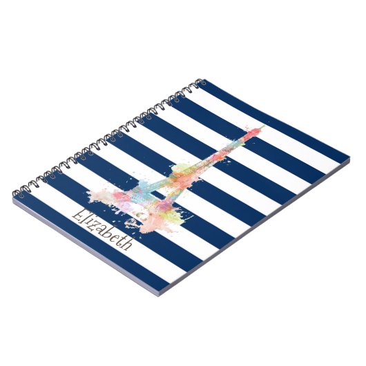 Farbenfrohe Eiffelturm Navy Blue Strips Notizblock (Linke Seite)
