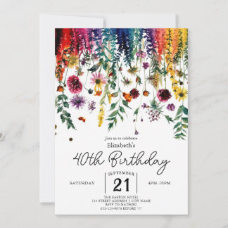 Farbenfrohe einfache Wildblumen 40. Geburtstag Einladung
