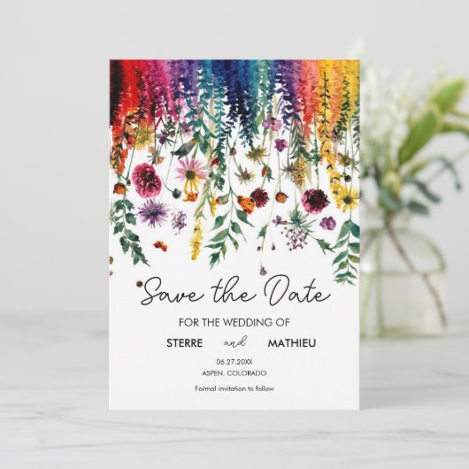 Farbenfrohe einfache Wildblumen Save The Date (Stehend Vorderseite)