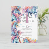 Farbenfrohe Einhorn Einladung zum ersten Geburtsta (Stehend Vorderseite)