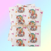 Farbenfrohe Einhorn-Kind Name & Alter Personalisie Geschenkpapier Set