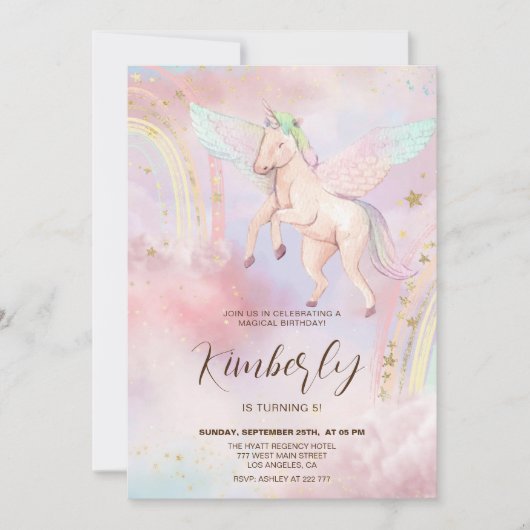 Farbenfrohe Einhorn Kindergeburtstag Einladung (Vorderseite)