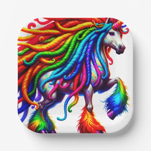 Farbenfrohe Einhorn Pappteller (Vorderseite)