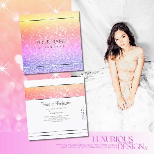 Farbenfrohe Einhorn Pastel Rainbow Glitzer Quadratische Visitenkarte