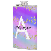 Farbenfrohe Einhorn-Regenbogen-Gold-Glitzer-Monogr Flachmann (Links)