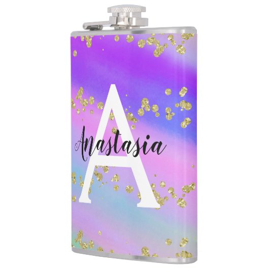 Farbenfrohe Einhorn-Regenbogen-Gold-Glitzer-Monogr Flachmann (Links)