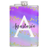 Farbenfrohe Einhorn-Regenbogen-Gold-Glitzer-Monogr Flachmann (Vorderseite)