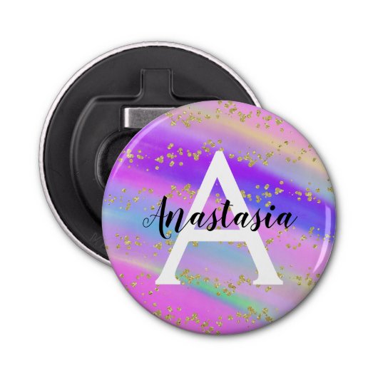 Farbenfrohe Einhorn-Regenbogen-Gold-Glitzer-Monogr Flaschenöffner (Vorderseite)