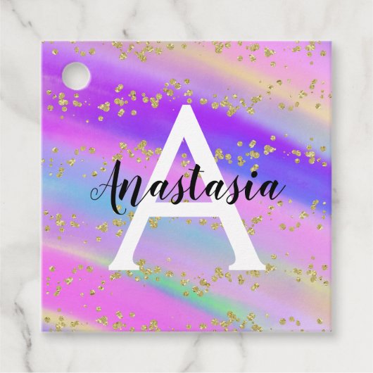 Farbenfrohe Einhorn-Regenbogen-Gold-Glitzer-Monogr Geschenkanhänger (Vorderseite)