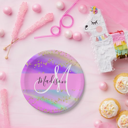 Farbenfrohe Einhorn-Regenbogen-Gold-Glitzer-Monogr Pappteller (Party)