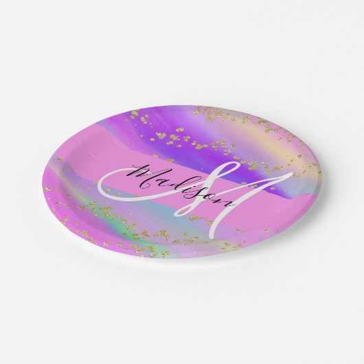 Farbenfrohe Einhorn-Regenbogen-Gold-Glitzer-Monogr Pappteller (Schrägansicht)