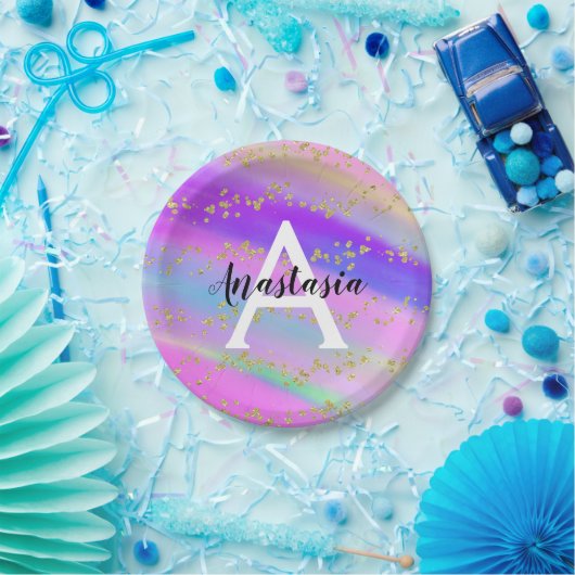 Farbenfrohe Einhorn-Regenbogen-Gold-Glitzer-Monogr Pappteller (Party)