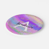 Farbenfrohe Einhorn-Regenbogen-Gold-Glitzer-Monogr Pappteller (Schrägansicht)