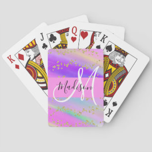 Farbenfrohe Einhorn-Regenbogen-Gold-Glitzer-Monogr Spielkarten