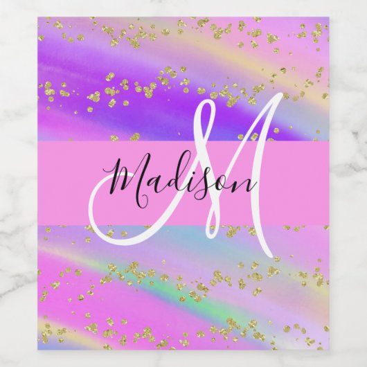 Farbenfrohe Einhorn-Regenbogen-Gold-Glitzer-Monogr Weinetikett (Einzelnes Label)