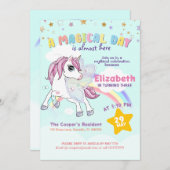 Farbenfrohe Einhorn Regenbogen Niedlich Magenrosa Einladung (Vorne/Hinten)