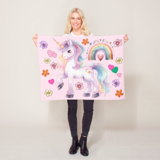 Farbenfrohe Einhorn Regenbogen und Blume Kinderzim Fleecedecke (Beispiel)