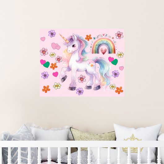 Farbenfrohe Einhorn Regenbogen und Blume Kinderzim Poster