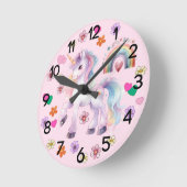 Farbenfrohe Einhorn Regenbogen und Blume Kinderzim Runde Wanduhr (Winkel)