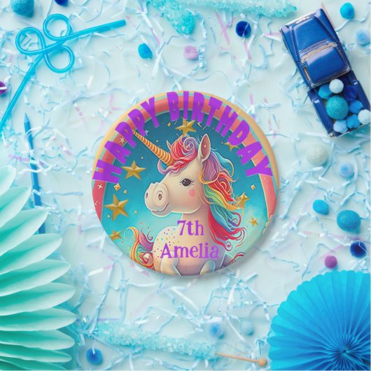 Farbenfrohe Einhorn Themed Party Pappteller (Party)