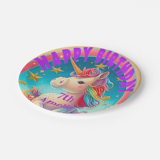 Farbenfrohe Einhorn Themed Party Pappteller (Schrägansicht)