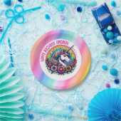 Farbenfrohe Einhorn und Regenbogen Personalisiert  Pappteller (Party)