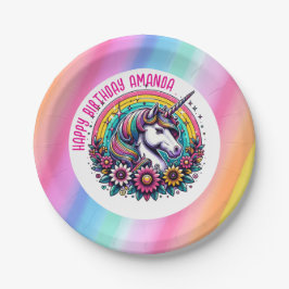 Farbenfrohe Einhorn und Regenbogen Personalisiert Pappteller