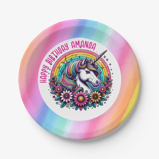 Farbenfrohe Einhorn und Regenbogen Personalisiert  Pappteller (Vorderseite)