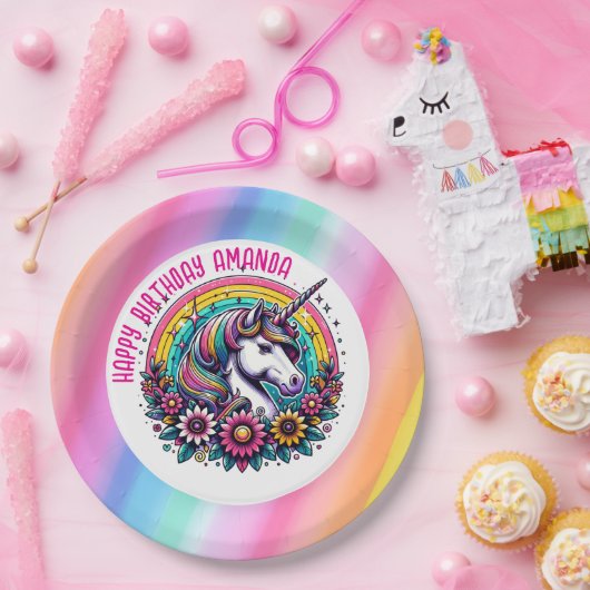 Farbenfrohe Einhorn und Regenbogen Personalisiert Pappteller (Party)