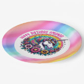 Farbenfrohe Einhorn und Regenbogen Personalisiert  Pappteller (Schrägansicht)