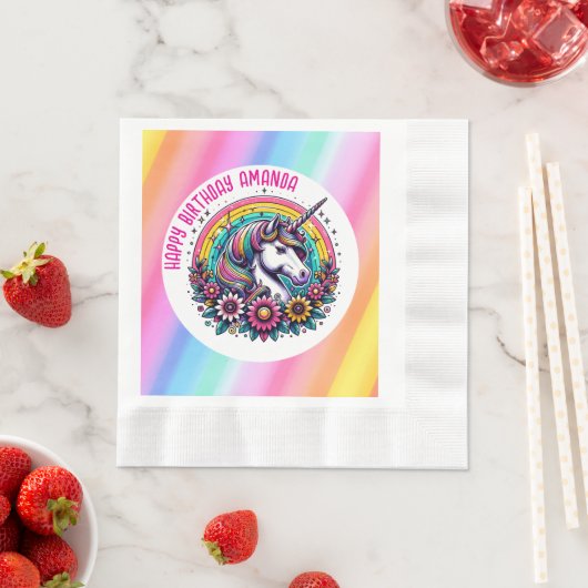 Farbenfrohe Einhorn und Regenbogen Personalisiert  Serviette (Beispiel)