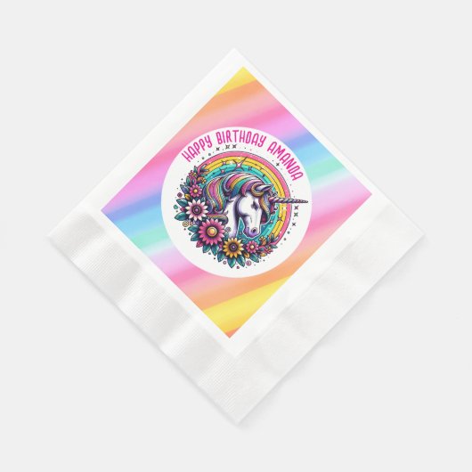 Farbenfrohe Einhorn und Regenbogen Personalisiert  Serviette (Ecke)