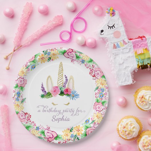 Farbenfrohe Einhorn Wasserfarbe Rosa Bläserner Geb Pappteller (Party)