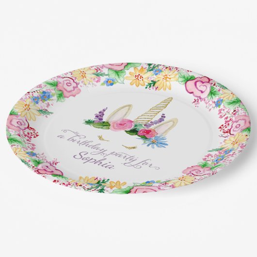 Farbenfrohe Einhorn Wasserfarbe Rosa Bläserner Geb Pappteller (Schrägansicht)